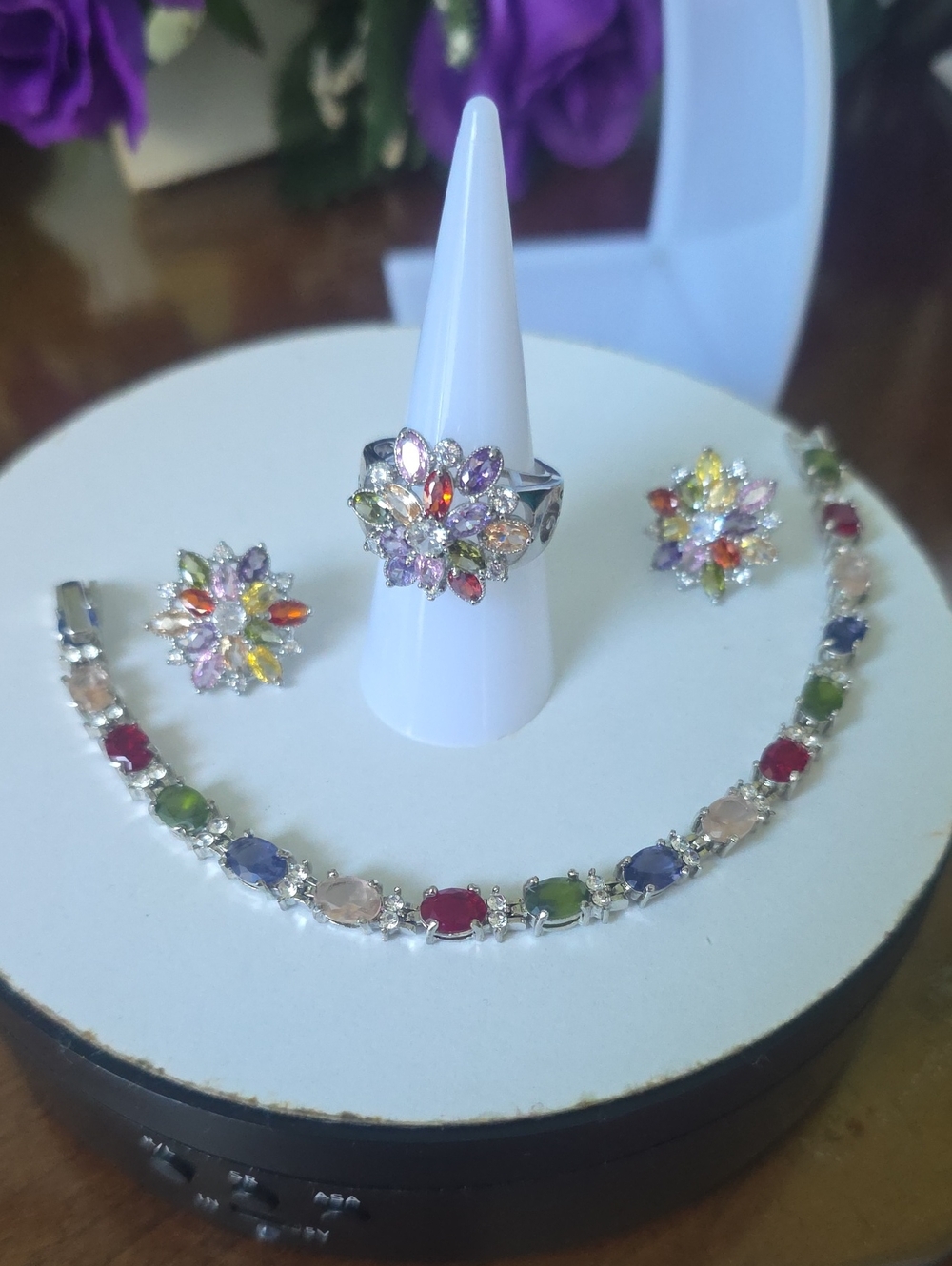 Multicolor Gemstone Floral Jewelry Set - Women